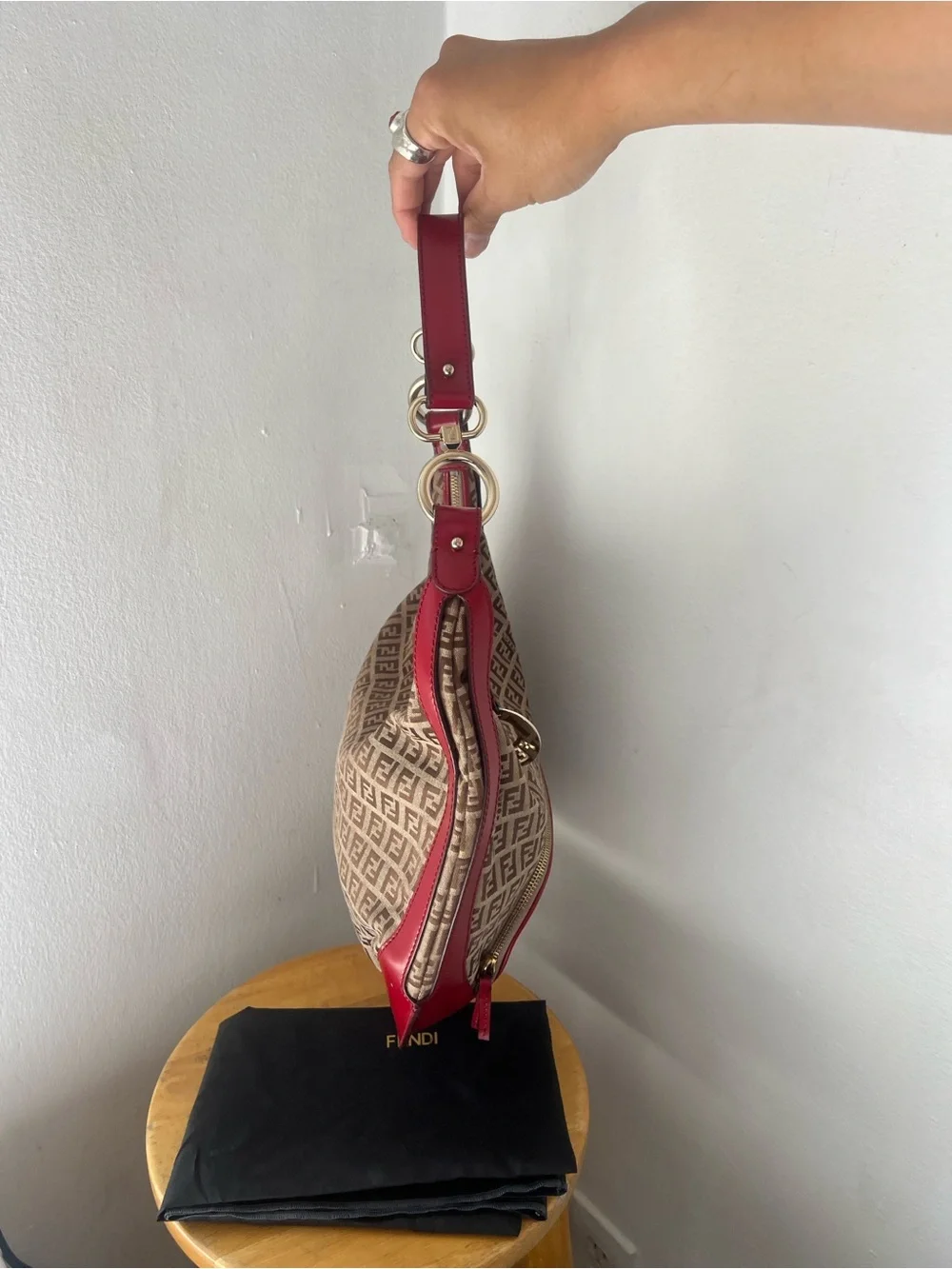 BNWOT vintage Fendi Zucchino FF Brown Monogram canvas Chef hobo bag Red Dust bag